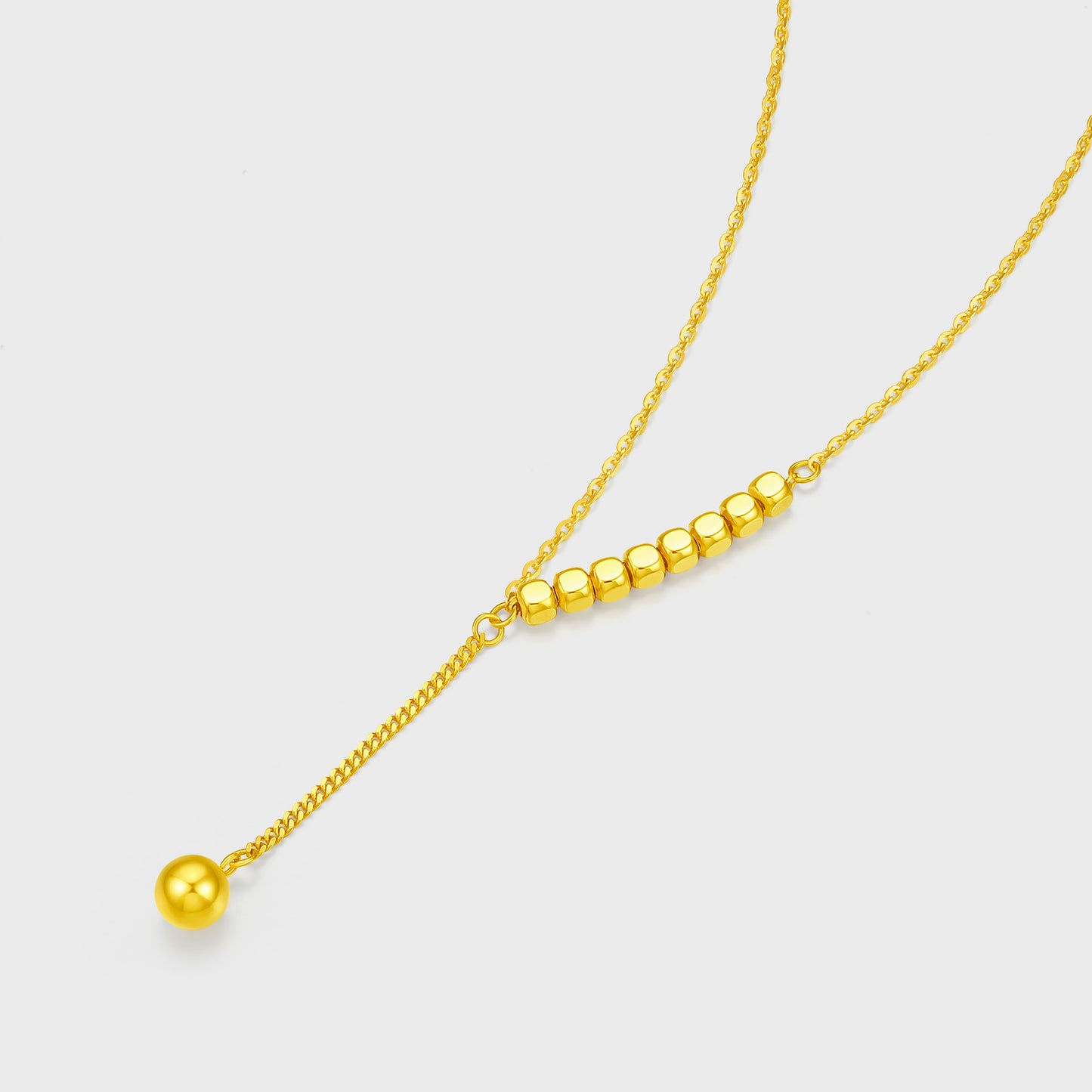 18K/Au750 Real Gold Y Necklace for Women | 2mm Yellow Gold Small Square Y Necklace with 4mm Bead Pendant | 18" Gold Chain for Women |Light LuxuryJewelry Gift for Her