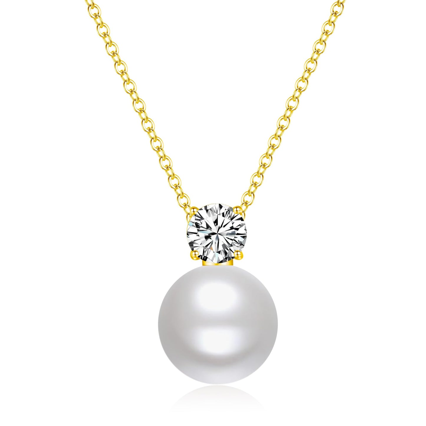 SUNFEEL Dainty Imitation Pearl Necklaces for Women, 925 Sterling Silver 14K Gold Plated Single Pearl Pendant Necklace Inlaid Cubic Zirconia for Mom Wife Girlfriend Bride Bridesmaids Pearl Jewelry Gift