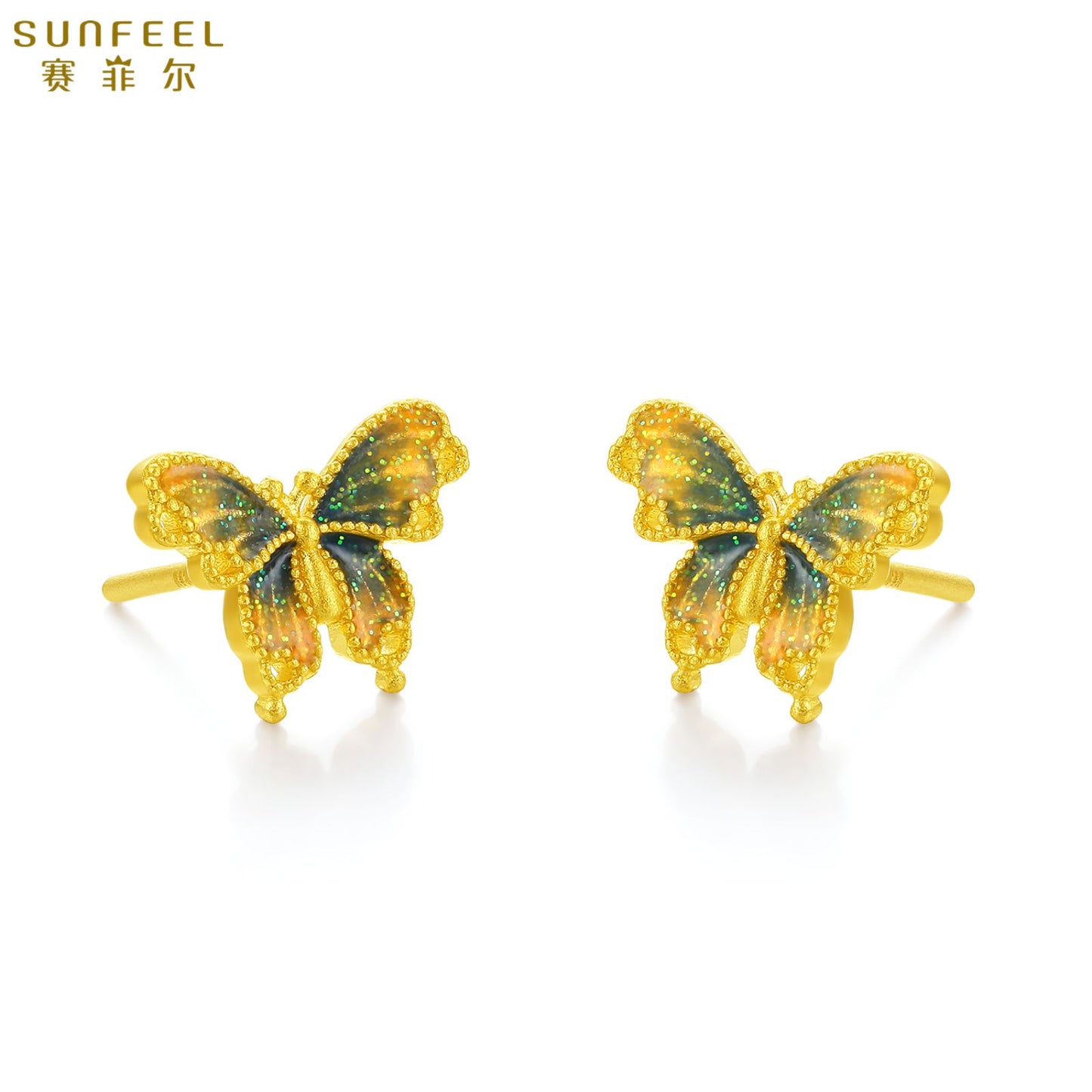 Boucles d'oreilles papillon SUNFEEL en or 24 carats, délicates et véritables, en or jaune et bleu, pour femme