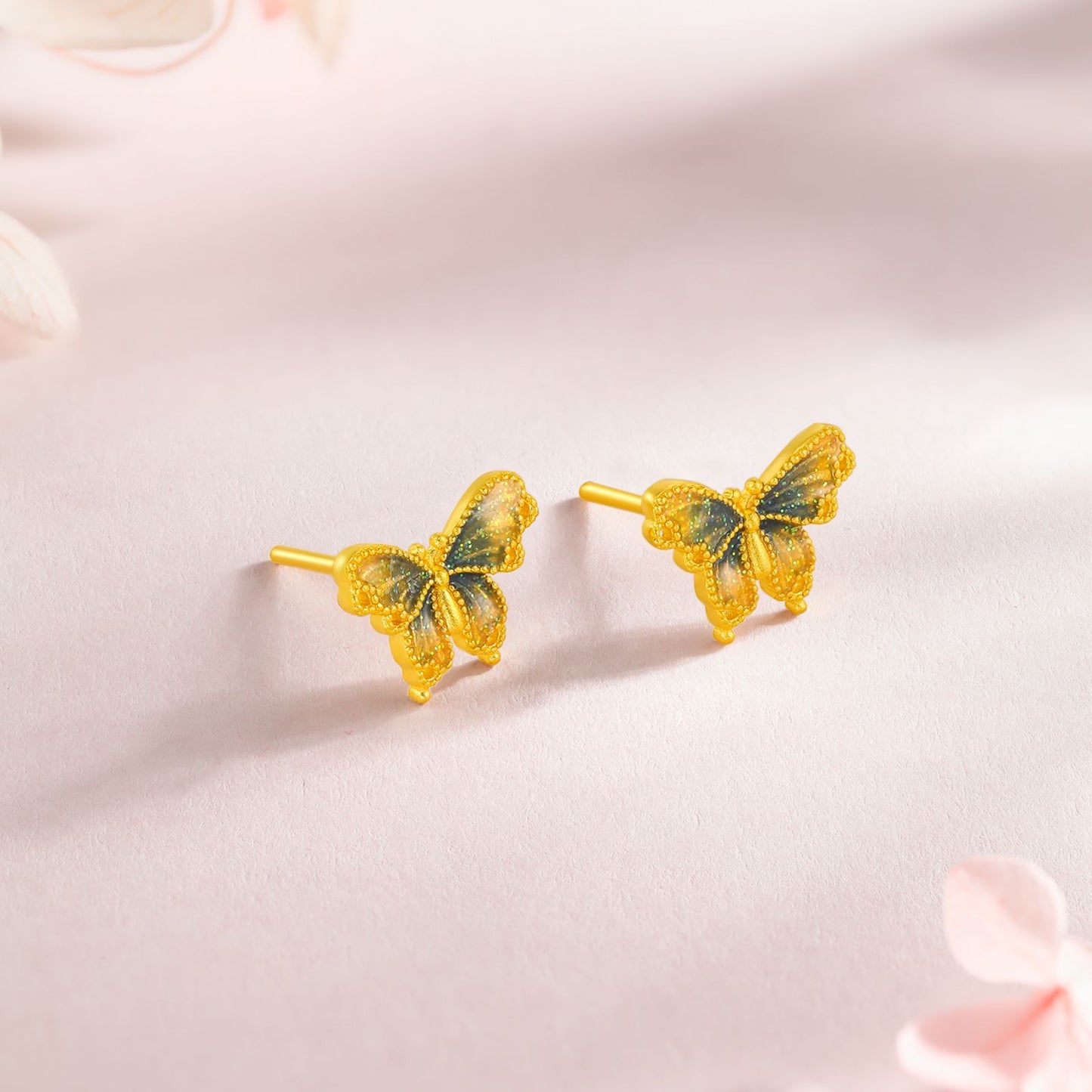Boucles d'oreilles papillon SUNFEEL en or 24 carats, délicates et véritables, en or jaune et bleu, pour femme