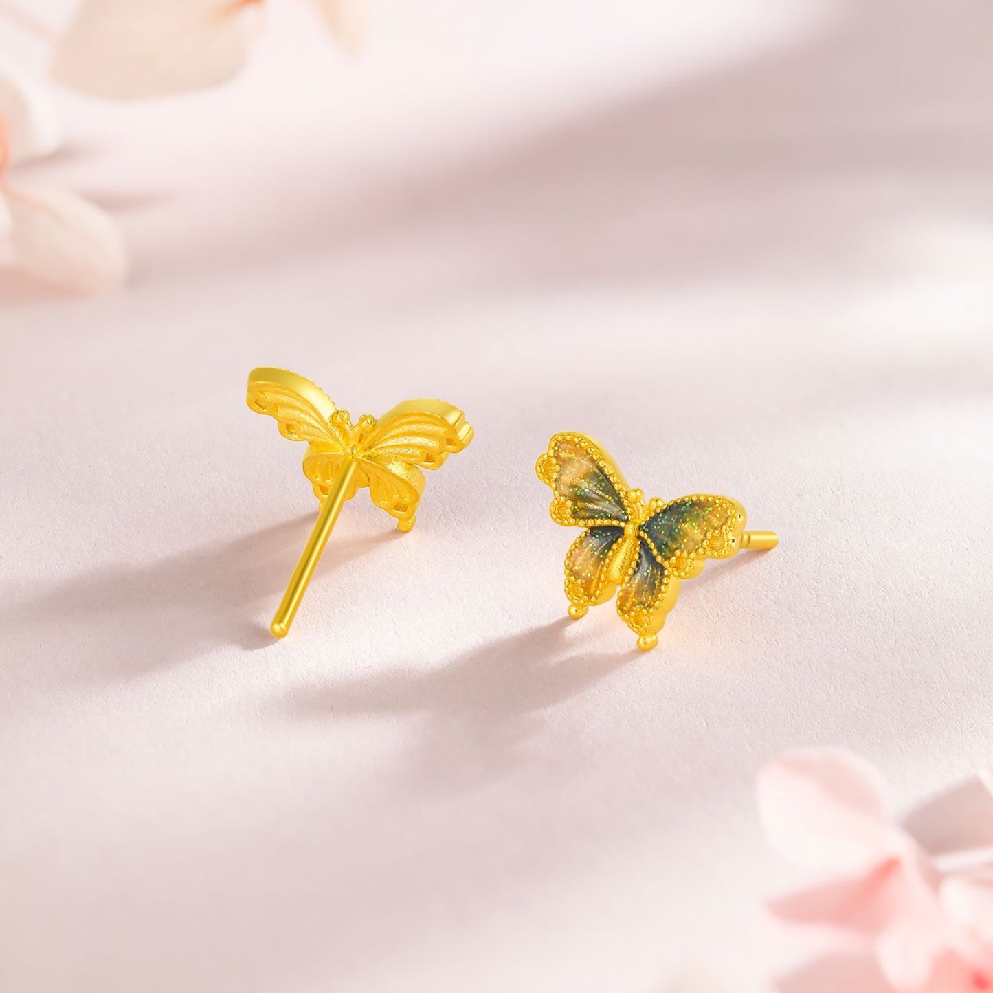 Boucles d'oreilles papillon SUNFEEL en or 24 carats, délicates et véritables, en or jaune et bleu, pour femme
