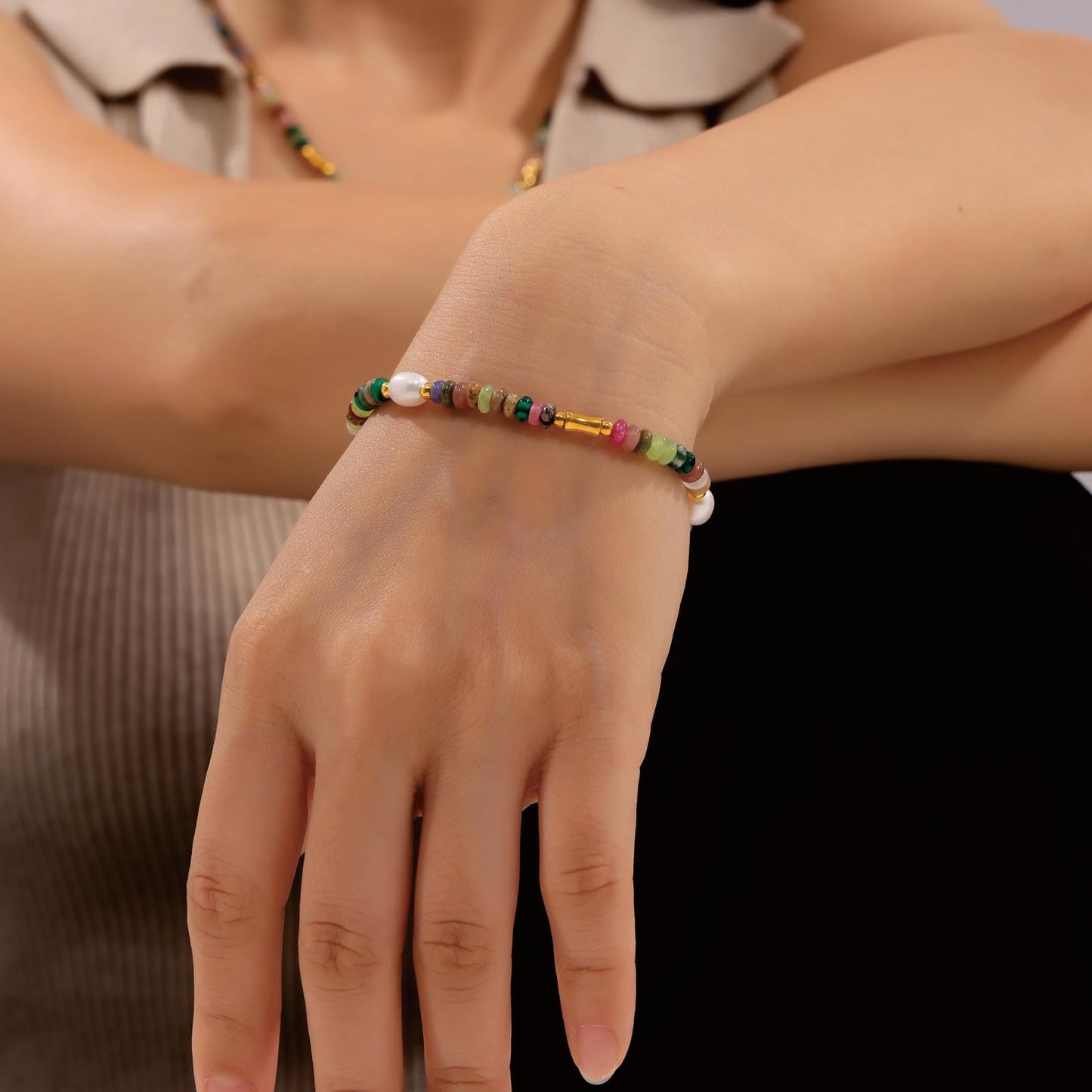 SUNFEEL Boho Beaded Bracelets for Women Colorful Natural Stone Bracelets Gold Pearl Chain Jewelry For Friendship and Birthday Gifts