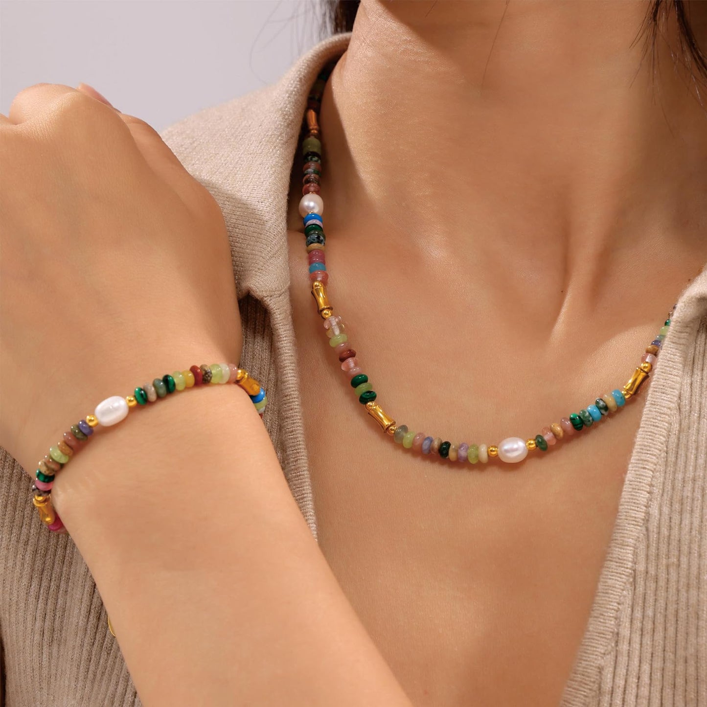 SUNFEEL Boho Beaded Bracelets for Women Colorful Natural Stone Bracelets Gold Pearl Chain Jewelry For Friendship and Birthday Gifts
