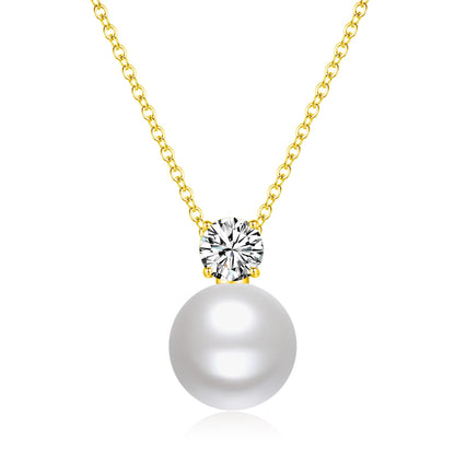 SUNFEEL Dainty Imitation Pearl Necklaces for Women, 925 Sterling Silver 14K Gold Plated Single Pearl Pendant Necklace Inlaid Cubic Zirconia for Mom Wife Girlfriend Bride Bridesmaids Pearl Jewelry Gift
