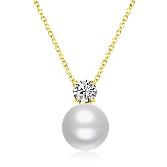 SUNFEEL Dainty Imitation Pearl Necklaces for Women, 925 Sterling Silver 14K Gold Plated Single Pearl Pendant Necklace Inlaid Cubic Zirconia for Mom Wife Girlfriend Bride Bridesmaids Pearl Jewelry Gift