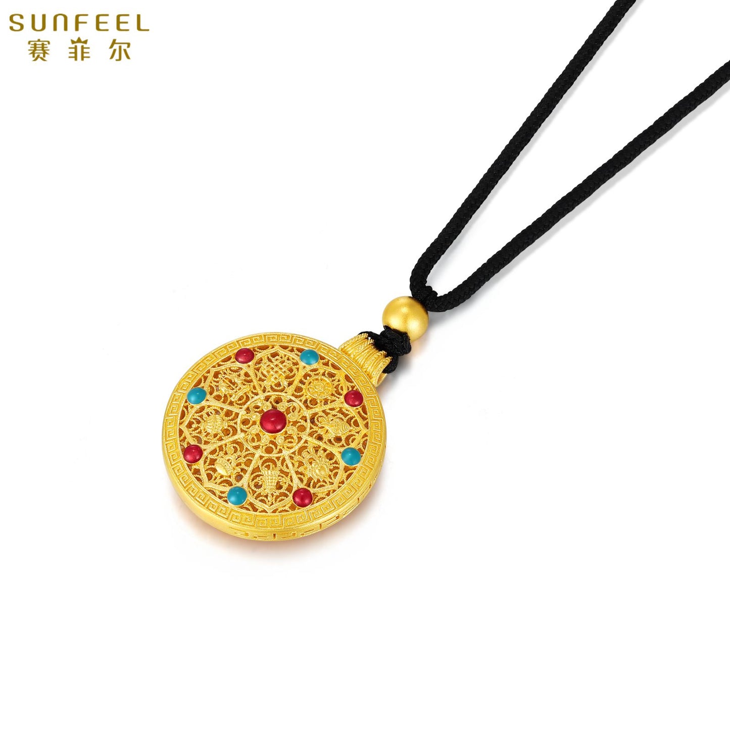 SUNFEEL 24K Gold Enamel Compass Pendant Auspicious Eight Treasures Compass Pendant Necklace for Gifts