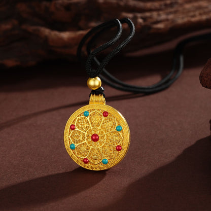 SUNFEEL 24K Gold Enamel Compass Pendant Auspicious Eight Treasures Compass Pendant Necklace for Gifts