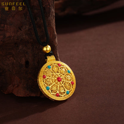 SUNFEEL 24K Gold Enamel Compass Pendant Auspicious Eight Treasures Compass Pendant Necklace for Gifts
