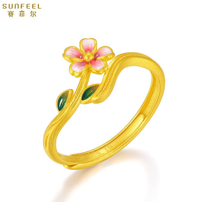 SUNFEEL 24K Gold Enamel Flower Romance Ring Solid Yellow Cherry Blossom Ring