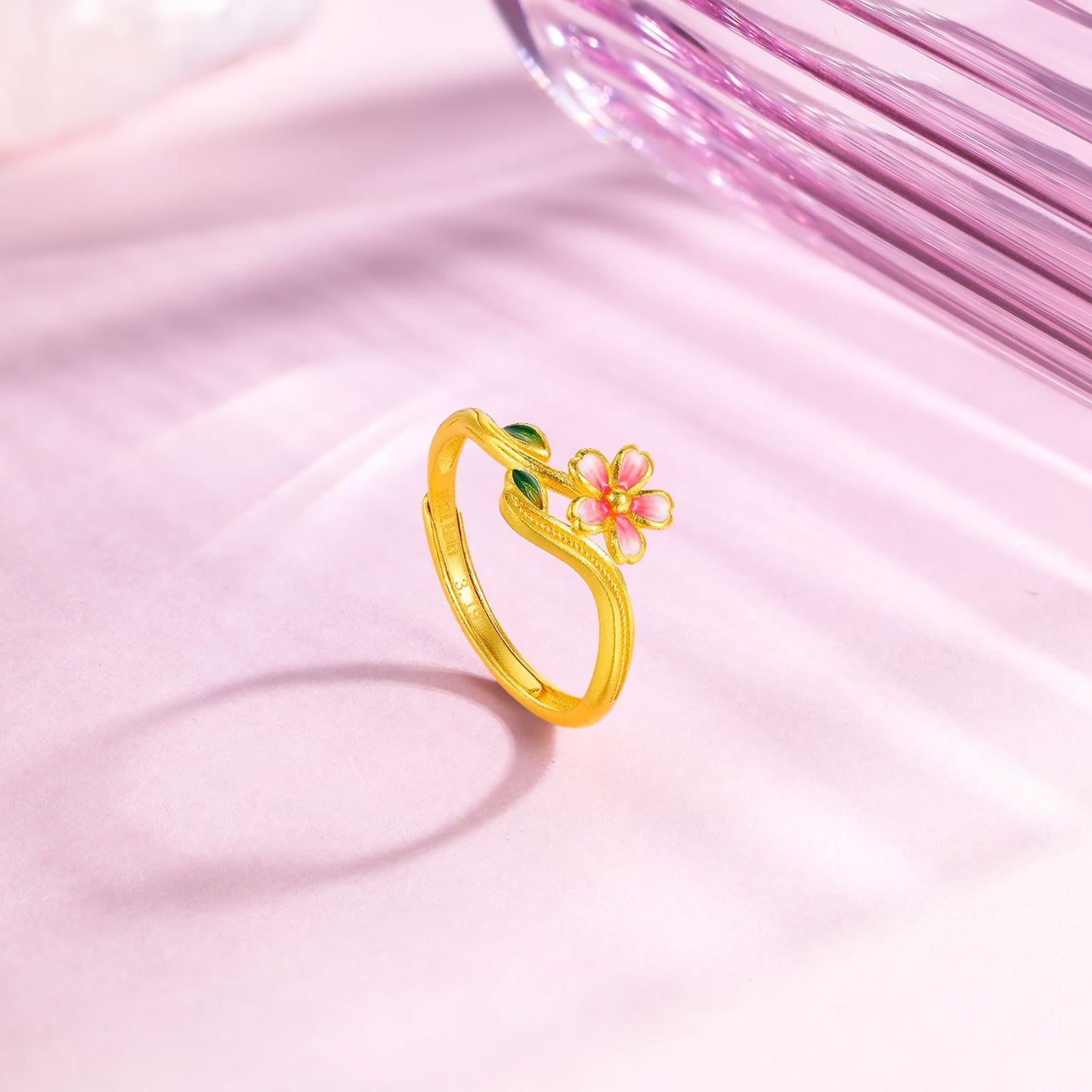SUNFEEL 24K Gold Enamel Flower Romance Ring Solid Yellow Cherry Blossom Ring