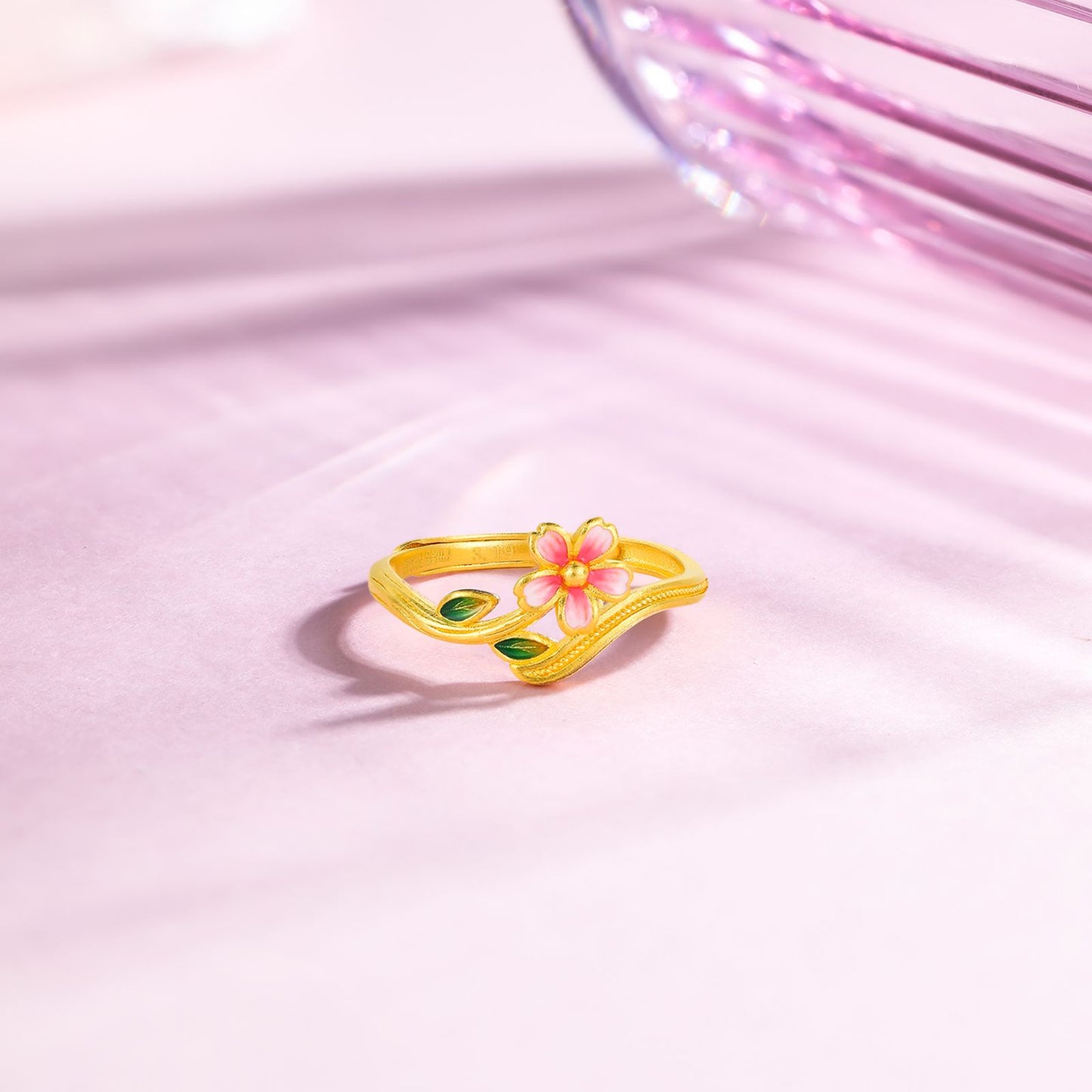 SUNFEEL 24K Gold Enamel Flower Romance Ring Solid Yellow Cherry Blossom Ring