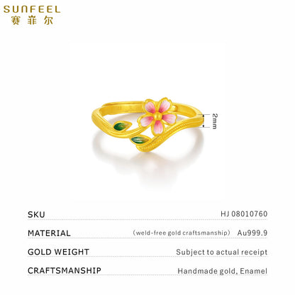 SUNFEEL 24K Gold Enamel Flower Romance Ring Solid Yellow Cherry Blossom Ring