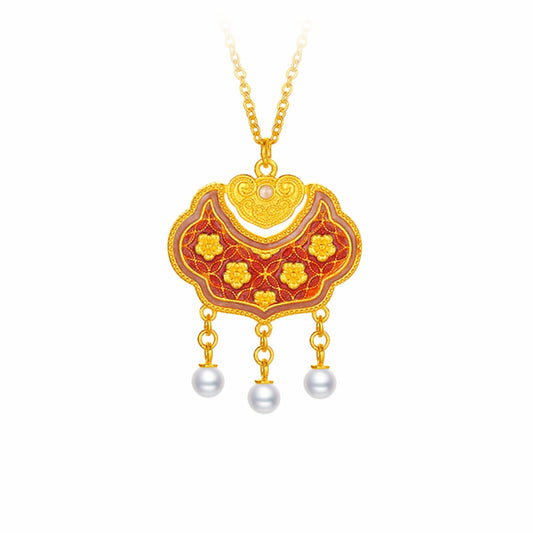 SUNFEEL Moonlight Elegance Series 24K Gold Pearl Enamel Necklace Gold Longevity Pendant Necklace Jewelry for Women