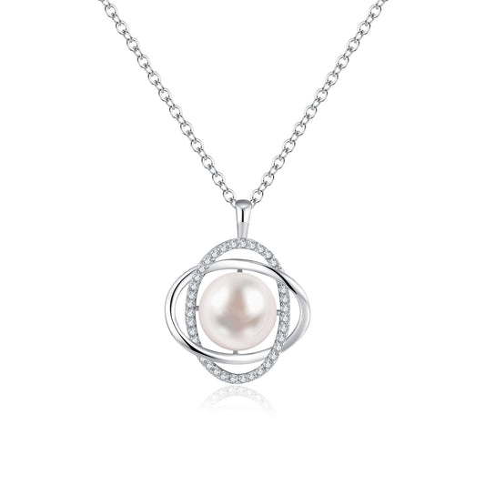 SUNFEEL Real Single Pearl Pendant Necklace for Women, 925 Sterling Silver Trendy Double Ring Pearl Necklace for Mother Wife Girlfriend Bridesmaid Jewelry Gifts for Wedding Prom Birthday Anniversary